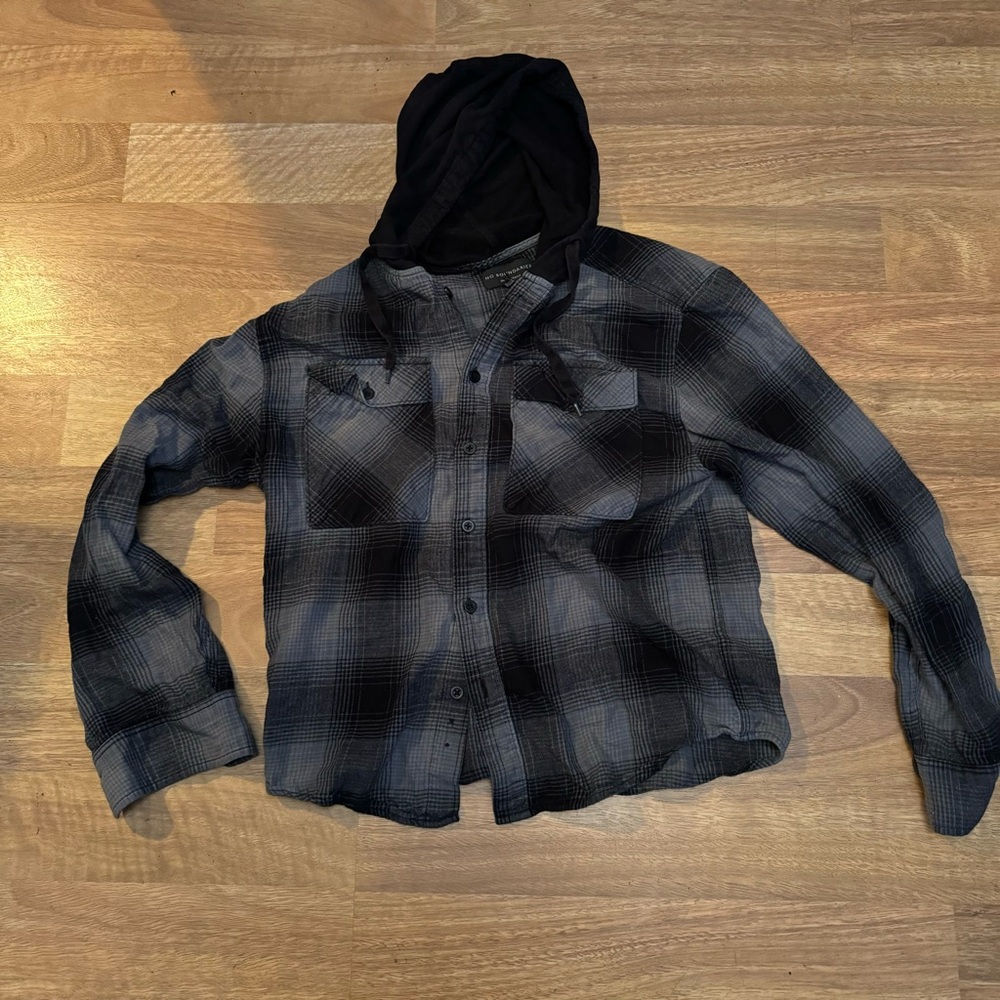 Black and Gray Plaid Hooded Shirt Button Up Flannel
